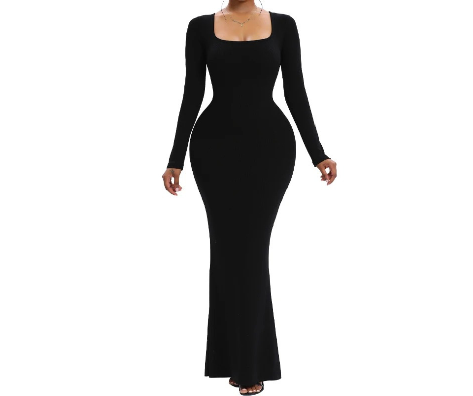 Long Sleeve Maxi Dress with Built-In Bra and Tummy Control Shorts