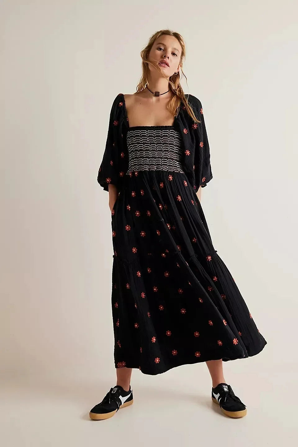 Variant image for Women's Maxi Dress Yellow Size M Cotton Floral Embroidery-6