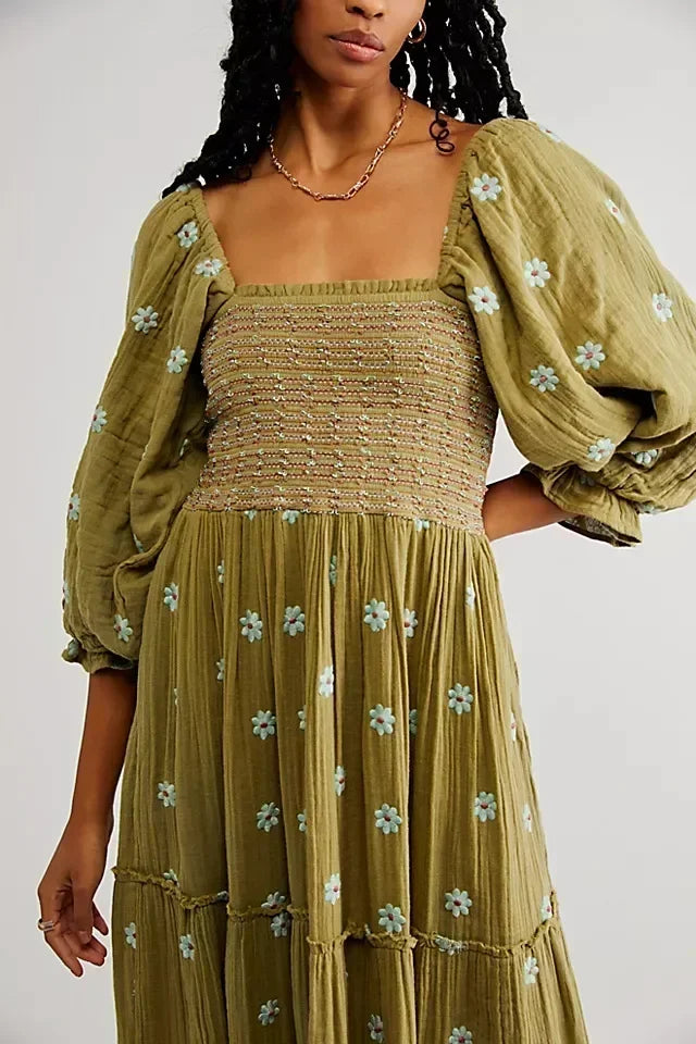 Women's Maxi Dress Yellow Size M Cotton Floral Embroidery-4