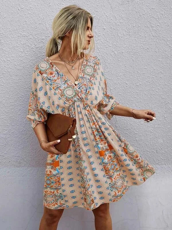 Women's Printed Midi Dress - V-Neck Backless Summer Dress