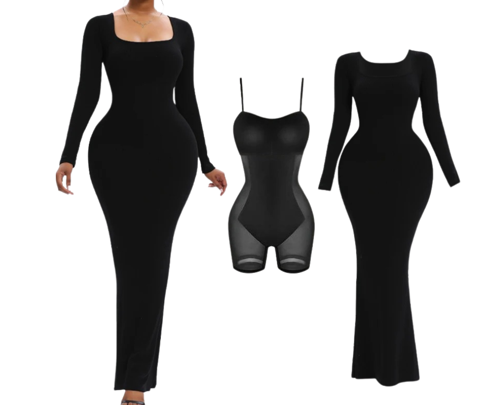 Long Sleeve Maxi Dress with Built-In Bra and Tummy Control Shorts