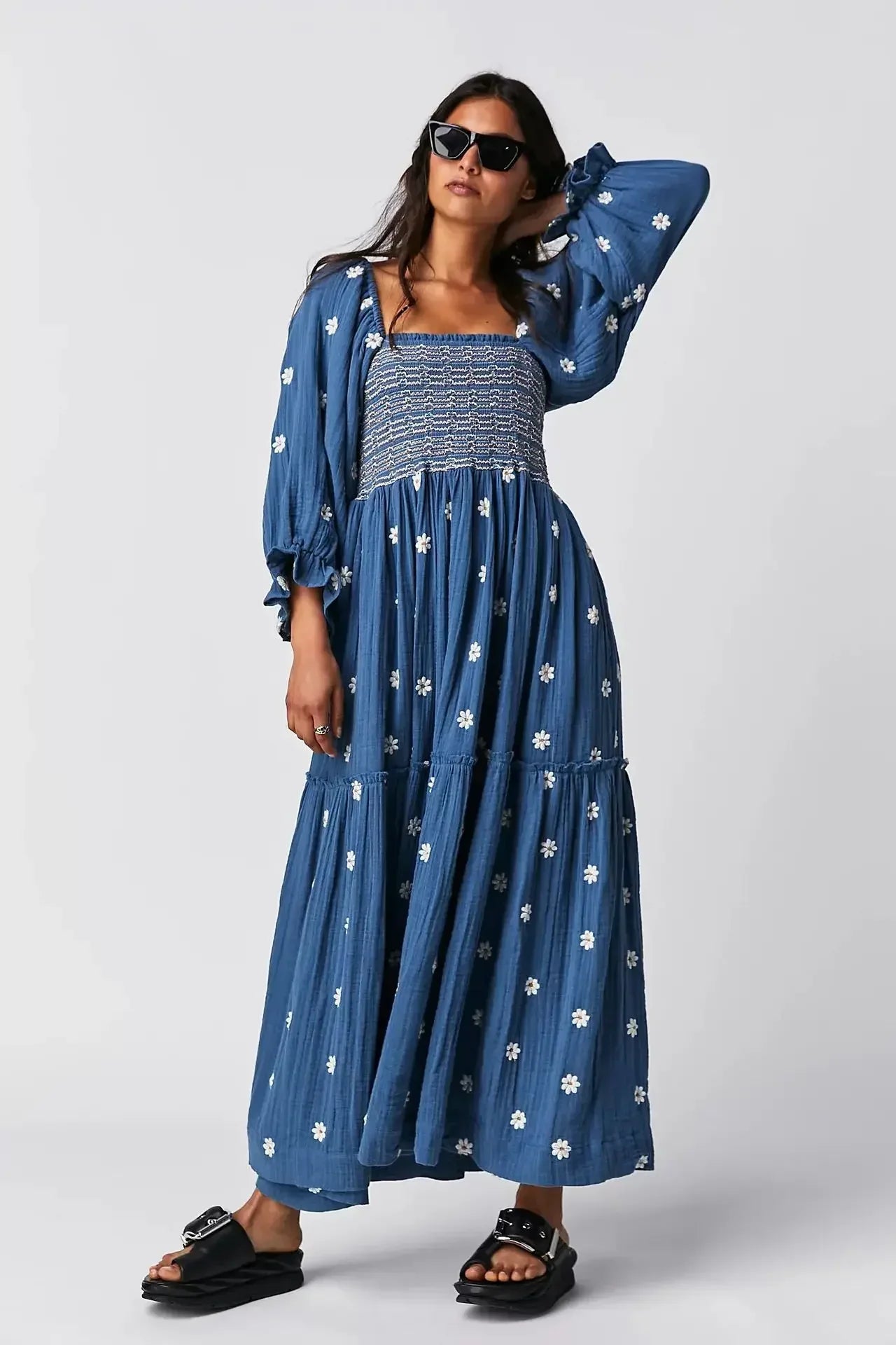 Variant image for Women's Maxi Dress Yellow Size M Cotton Floral Embroidery-15