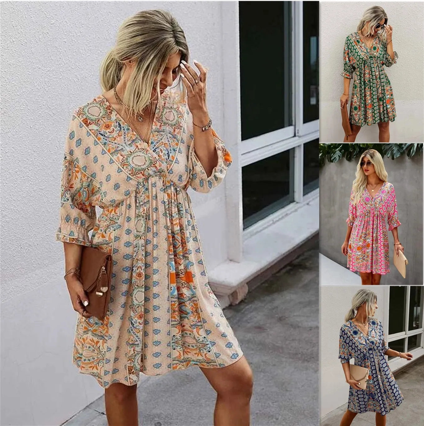 Women's Printed Midi Dress - V-Neck Backless Summer Dress