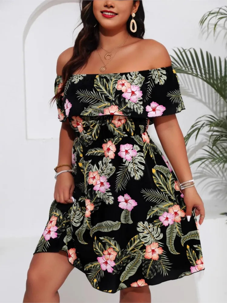 Women's Floral Print Plus Size  Dress Off Shoulder