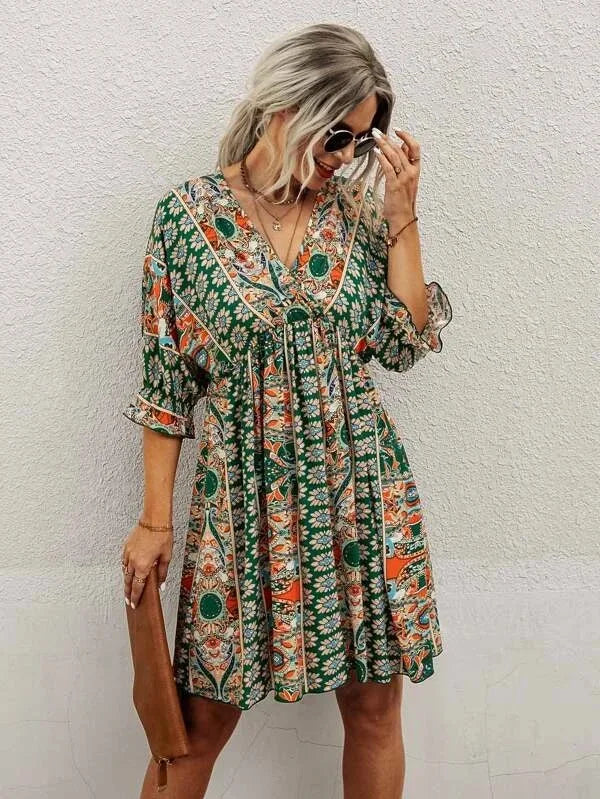 Women's Printed Midi Dress - V-Neck Backless Summer Dress